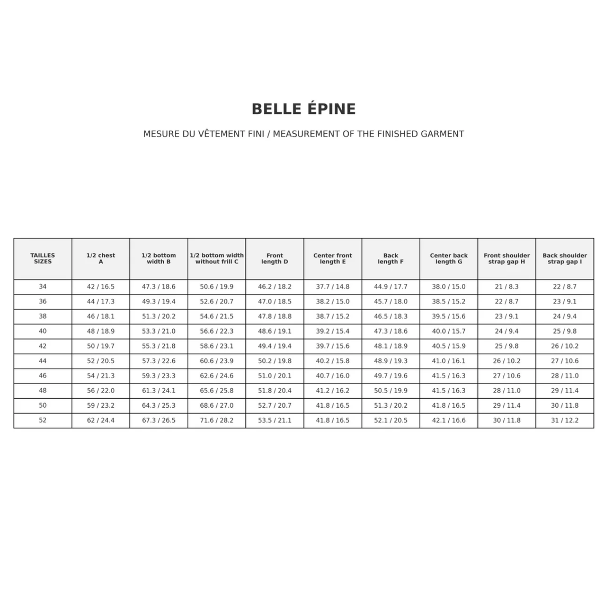 Maison Fauve Belle Epine Top Sewing Pattern Size Chart