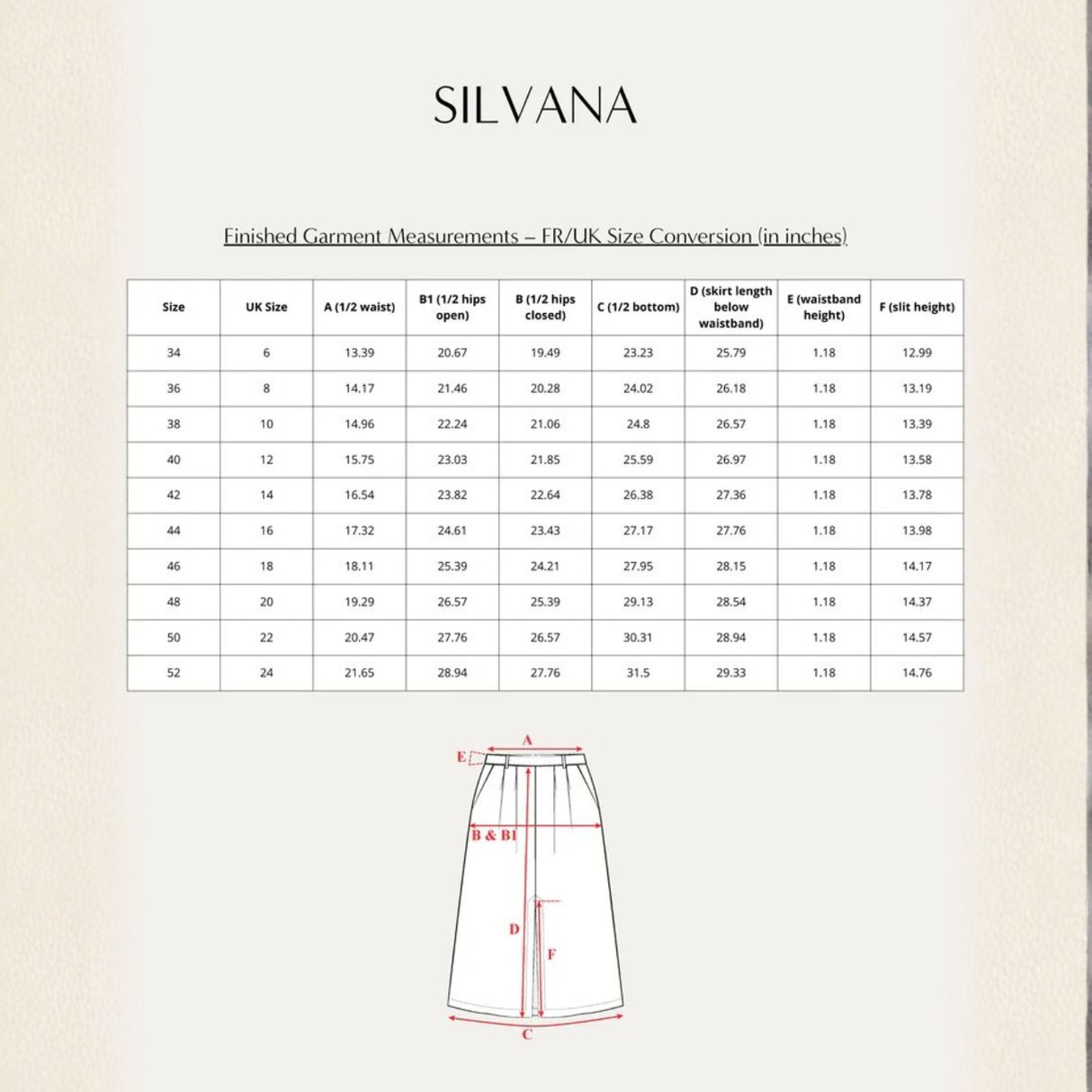 Maison Fauve Silvana Skirt Sewing Pattern Size Chart