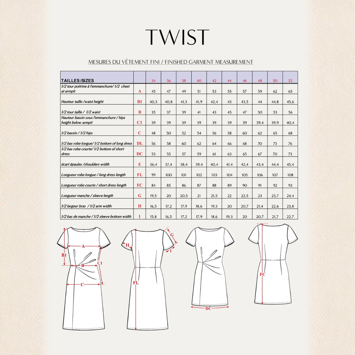 Maison Fauve Twist Dress Sewing Pattern Size Chart