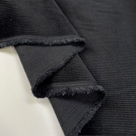 Milano Cord Black Cotton Elastane 10 Wale Italian Ex Designer Stretch Woven Trouser Fabric Fold