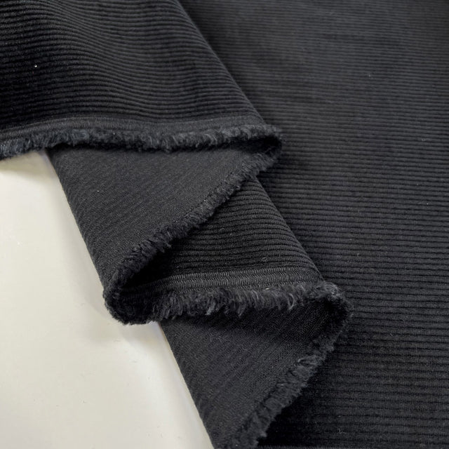 Milano Cord Black Cotton Elastane 10 Wale Italian Ex Designer Stretch Woven Trouser Fabric Fold