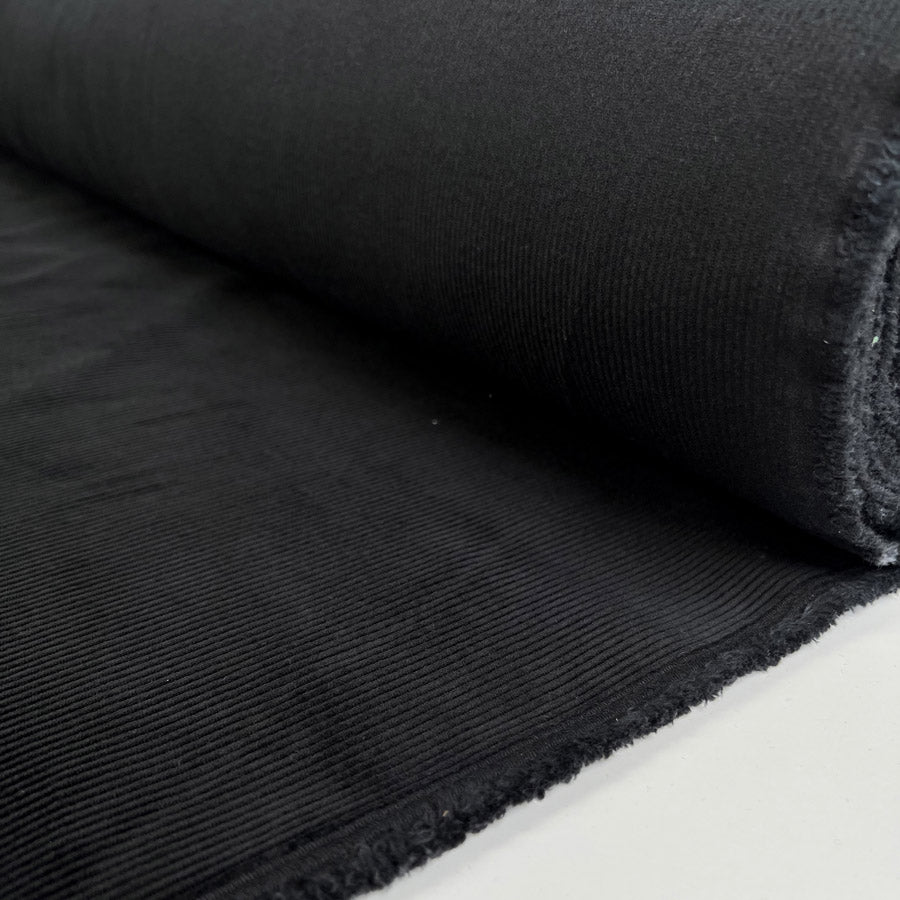 Milano Cord Black Cotton Elastane 10 Wale Italian Ex Designer Stretch Woven Trouser Fabric Roll