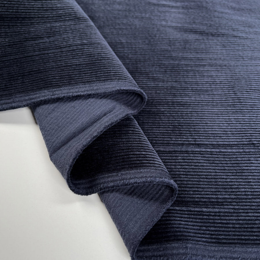 Milano Cord Navy Cotton Elastane 10 Wale Italian Ex Designer Stretch Woven Trouser Fabric Fold