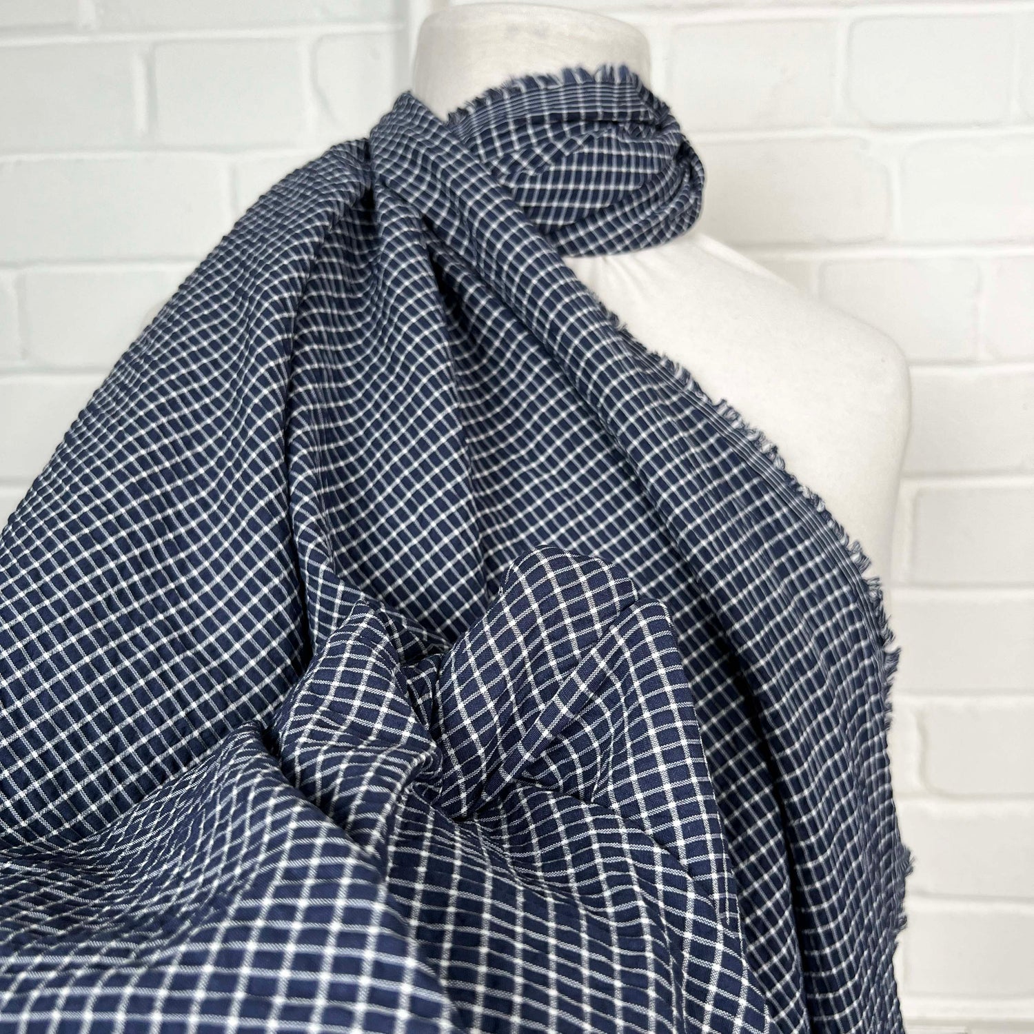 Navy White Check Poly Cotton Seersucker Fabric Nautical But Nice CU