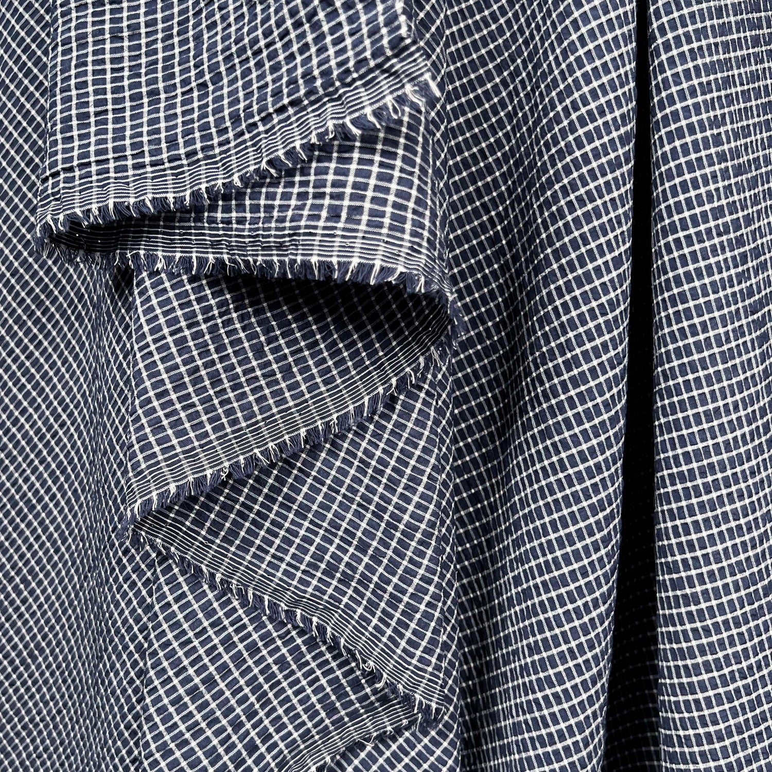 Navy White Check Poly Cotton Seersucker Fabric Nautical But Nice hang