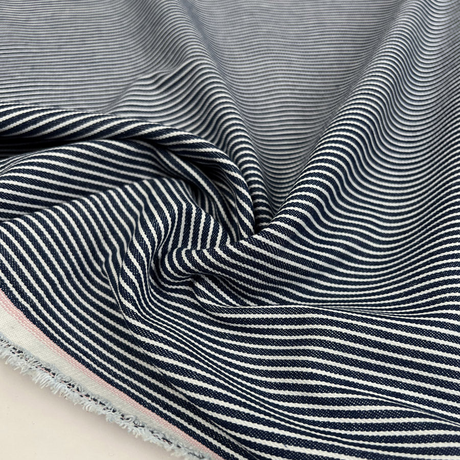 Navyline Denim Cotton Blue White Stripe Trouser Fabric CU