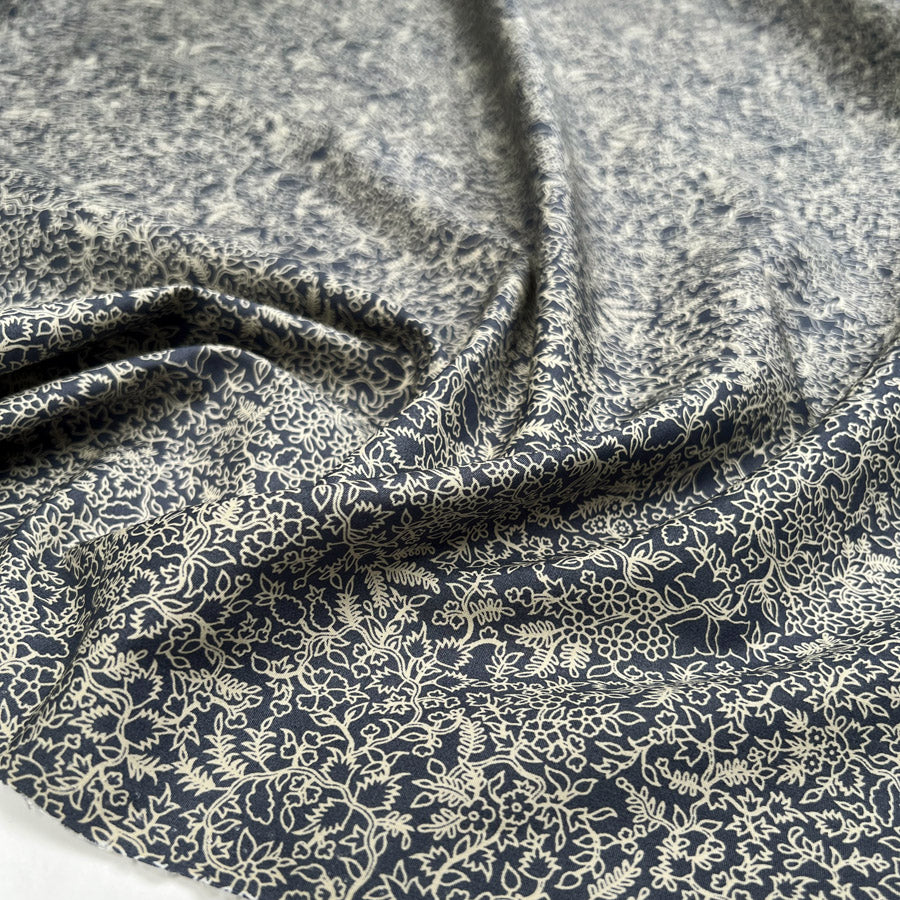 PCL Pima Cotton Lawn Weavers Floral Navy Cream Leaf Print Woven Dress Fabric CU