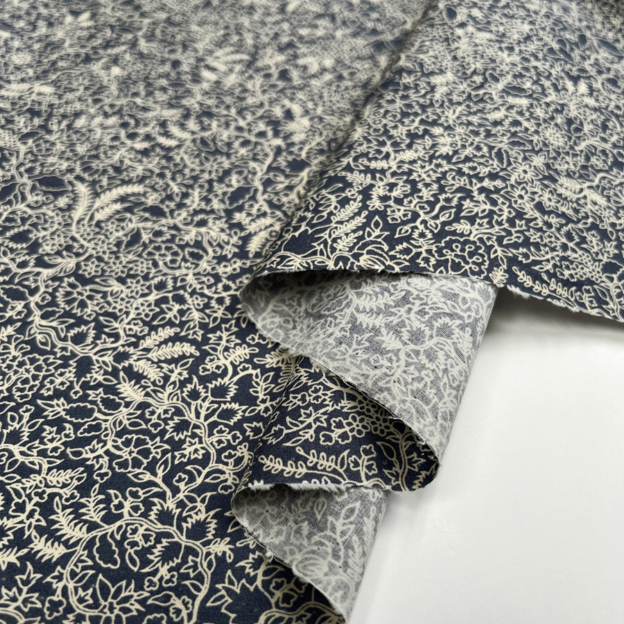 PCL Pima Cotton Lawn Weavers Floral Navy Cream Leaf Print Woven Dress Fabric Fold