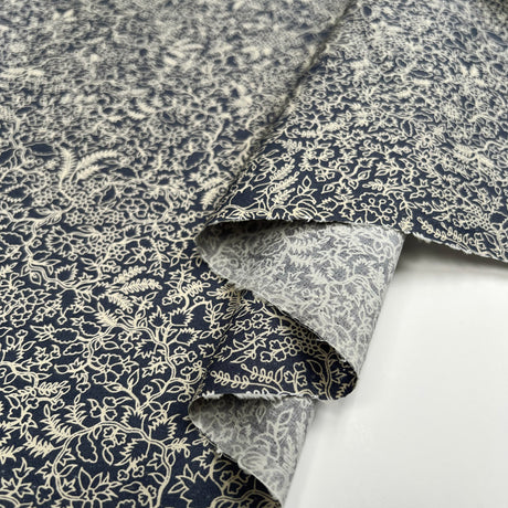 PCL Pima Cotton Lawn Weavers Floral Navy Cream Leaf Print Woven Dress Fabric Fold