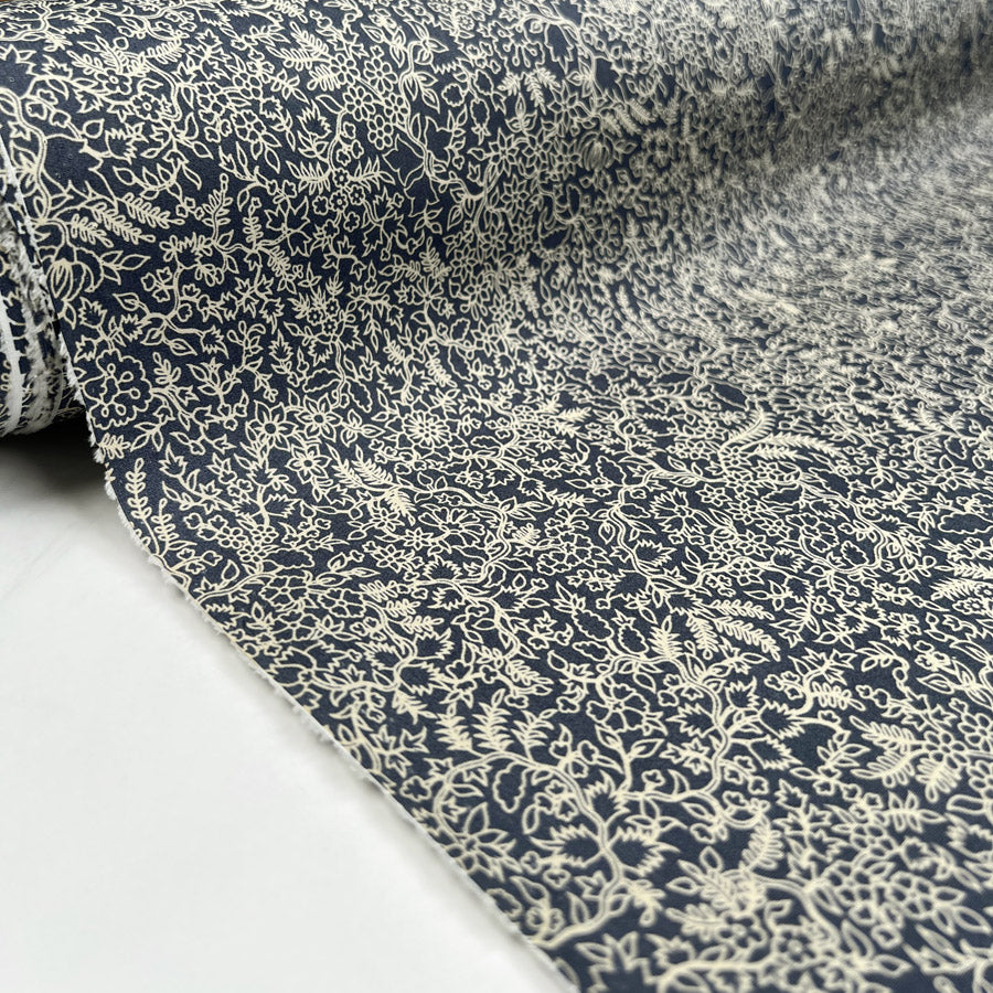 PCL Pima Cotton Lawn Weavers Floral Navy Cream Leaf Print Woven Dress Fabric Roll