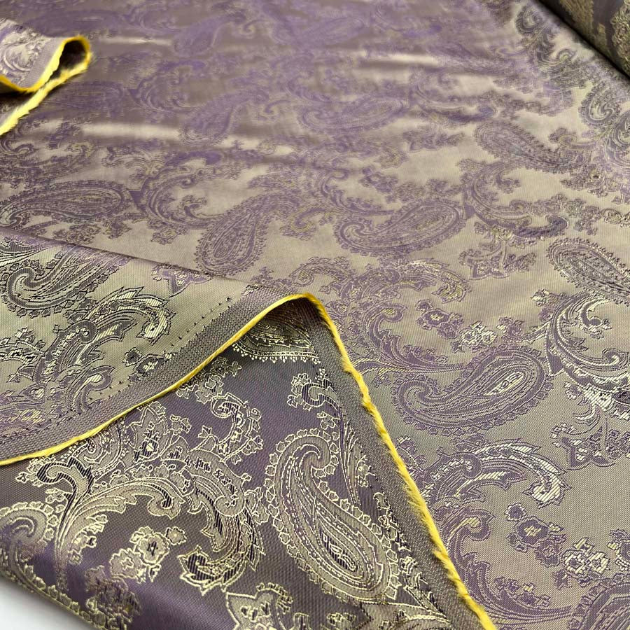 Polyester Viscose Lining Fabric Paisley Changeant Lining Gold & Lilac Fold