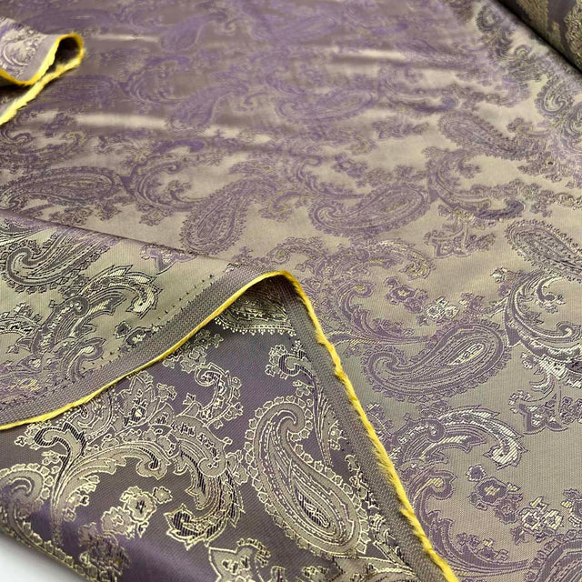 Polyester Viscose Lining Fabric Paisley Changeant Lining Gold & Lilac Fold