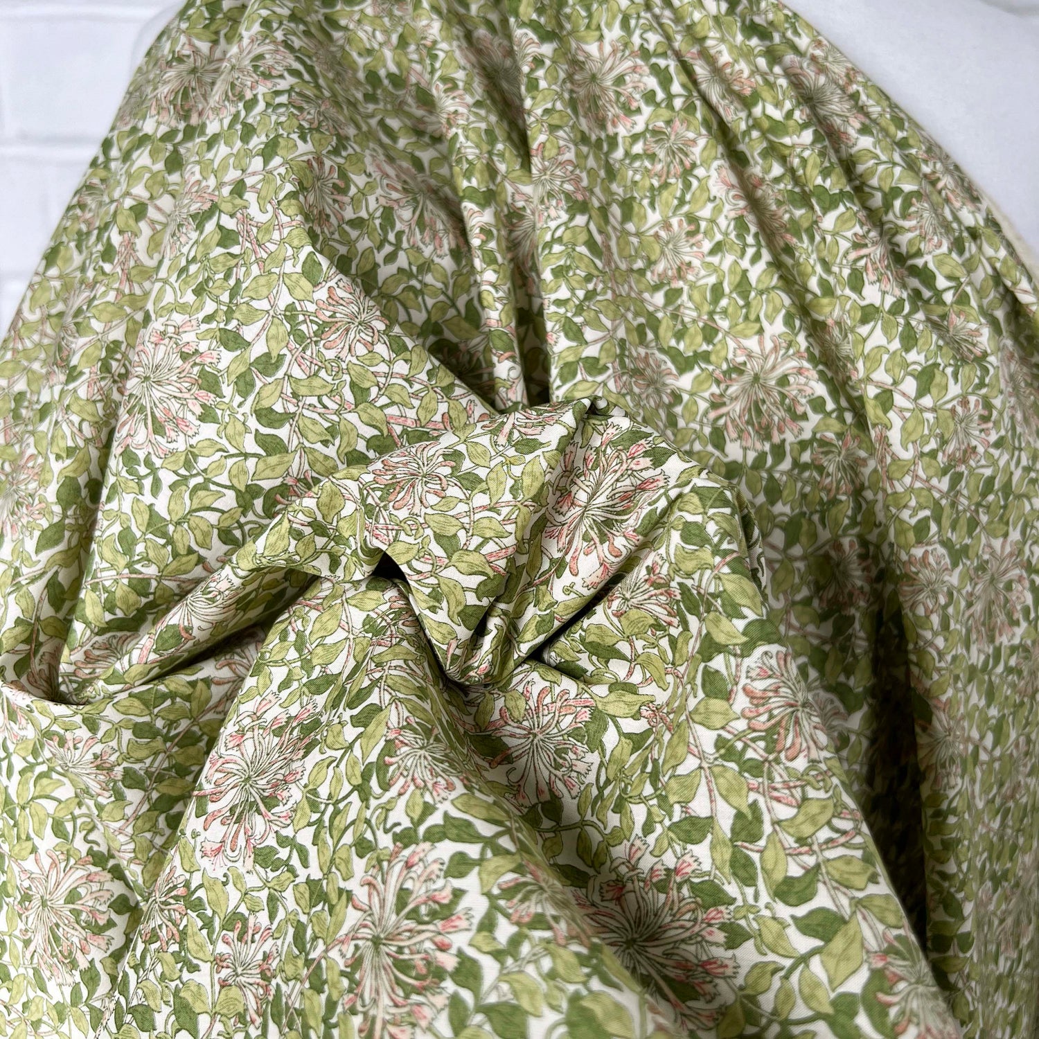 Green Pink Floral Print Dress Fabric Pima Cotton Lawn Honeysuckle CU
