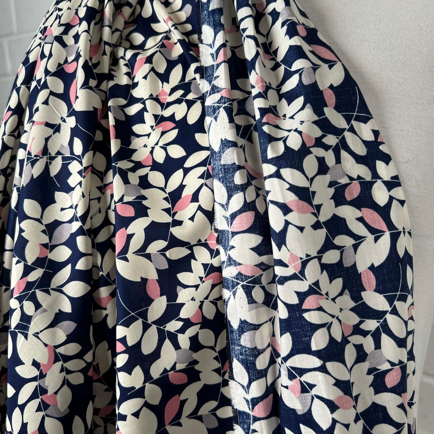Navy White Floral Print Dress Fabric Pima Cotton Lawn Night Leaves 