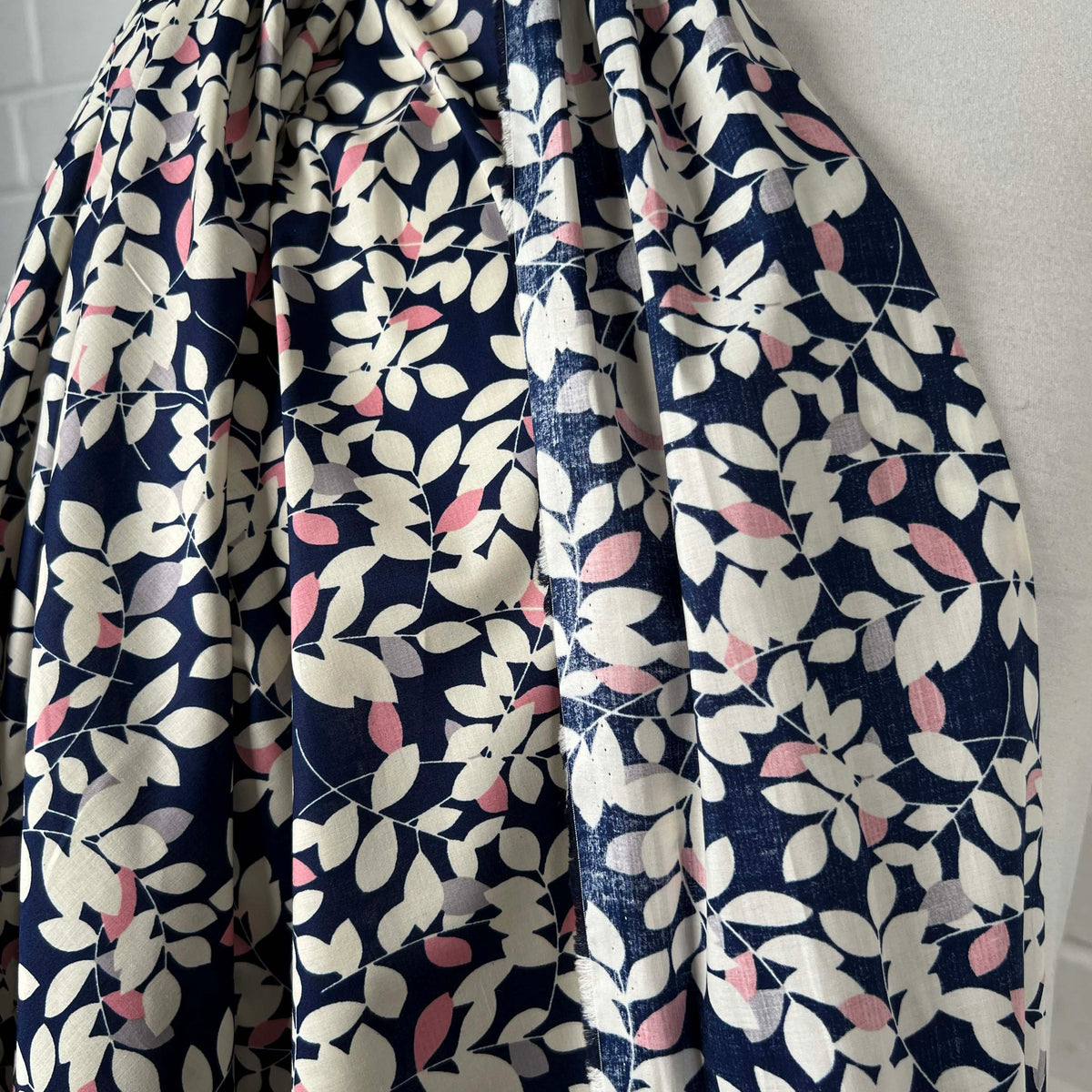 Navy White Floral Print Dress Fabric Pima Cotton Lawn Night Leaves 