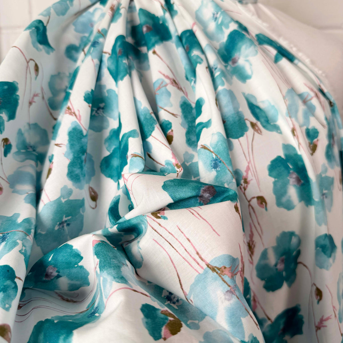 Pima Cotton Lawn Soft Focus Aqua Blue White Floral Dress Fabric CU