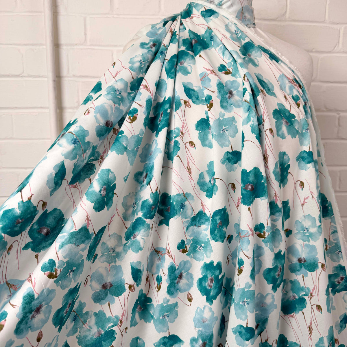 Pima Cotton Lawn Soft Focus Aqua Blue White Floral Dress Fabric Mannequin