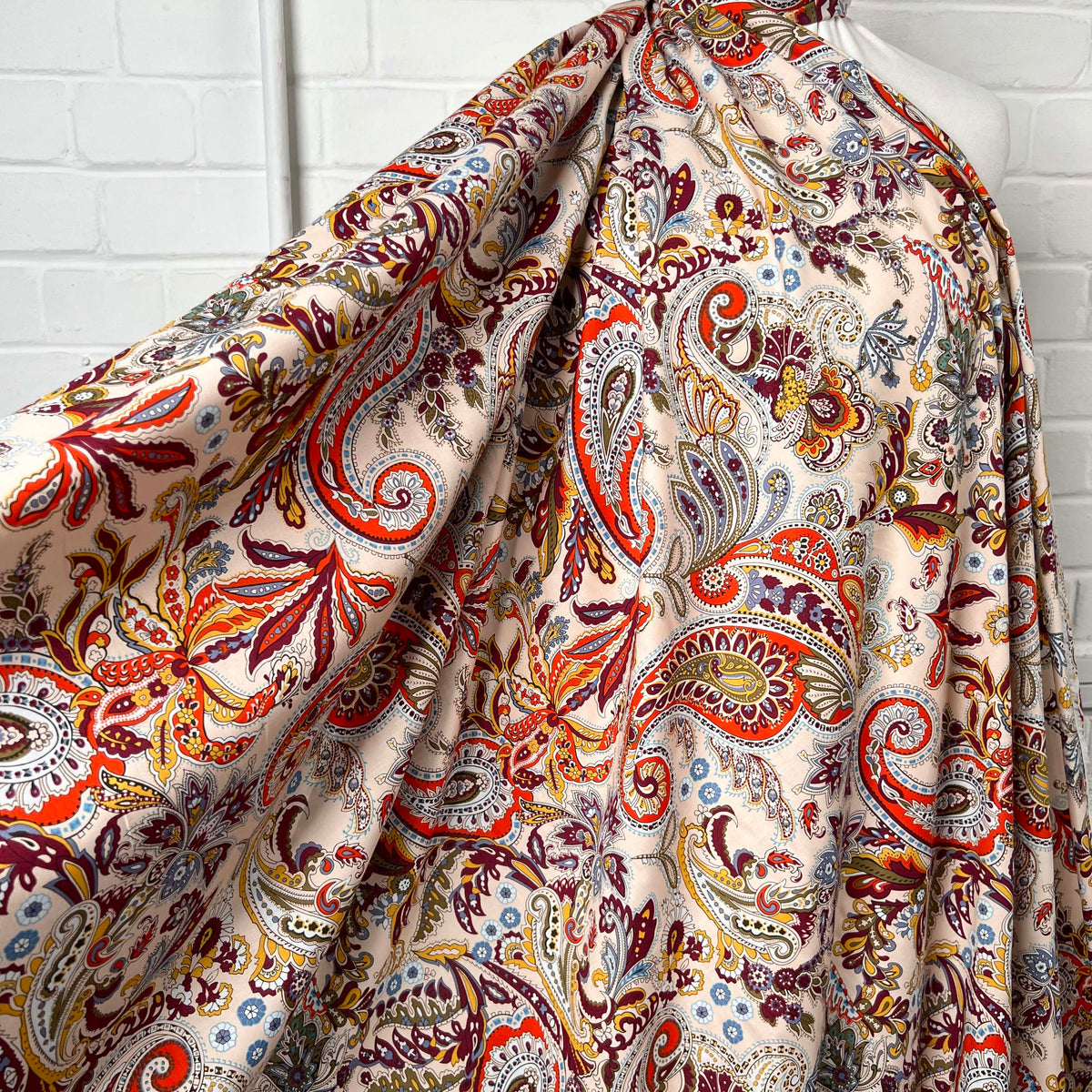 Pima Cotton Lawn Spice Market Abstract Paisley Red Dress Fabric Mannequin