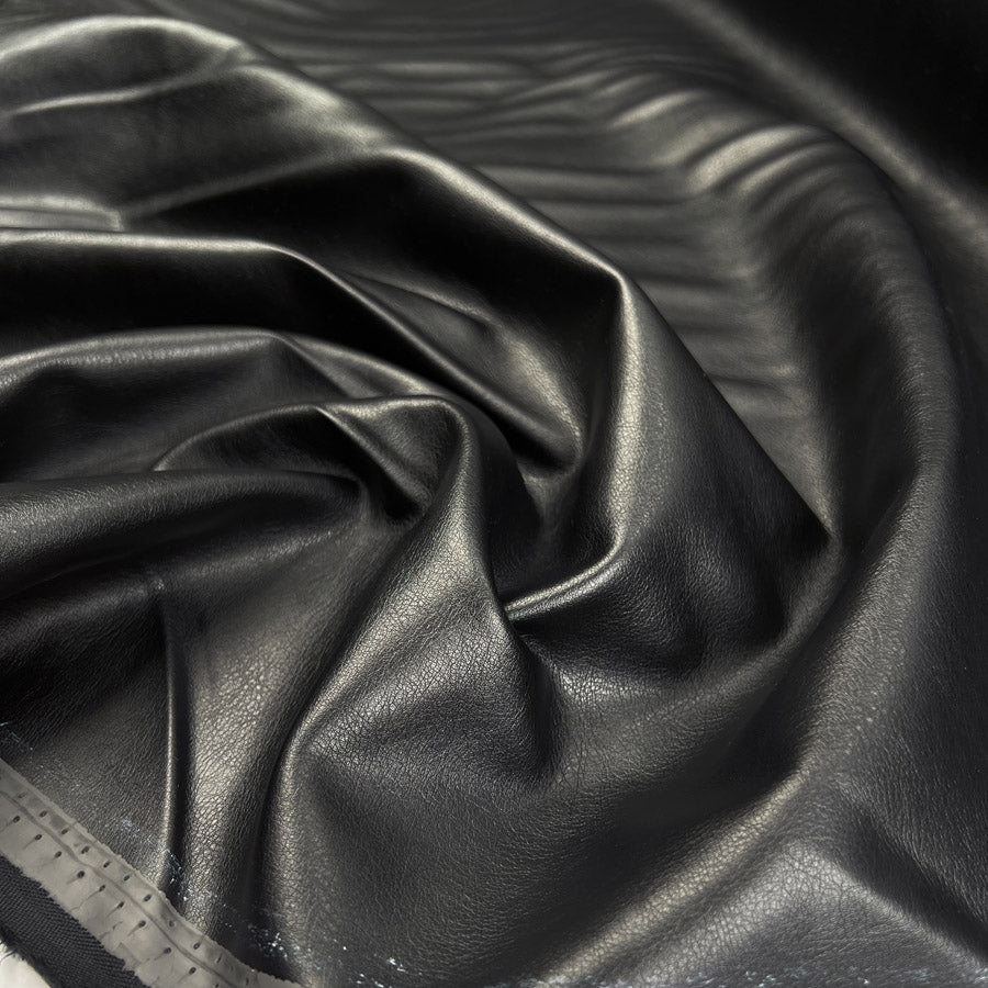 Pleather Midnight Black Polyurethane Viscose Faux Leather Fabric CU