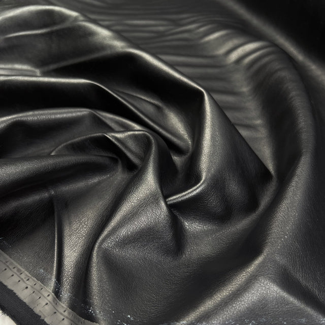 Pleather Midnight Black Polyurethane Viscose Faux Leather Fabric CU