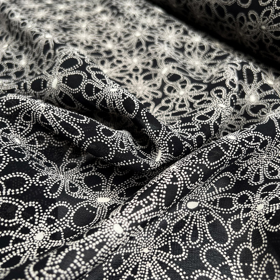 Pointillist Florals Black Ivory Viscose Printed Woven Dress Fabric CU