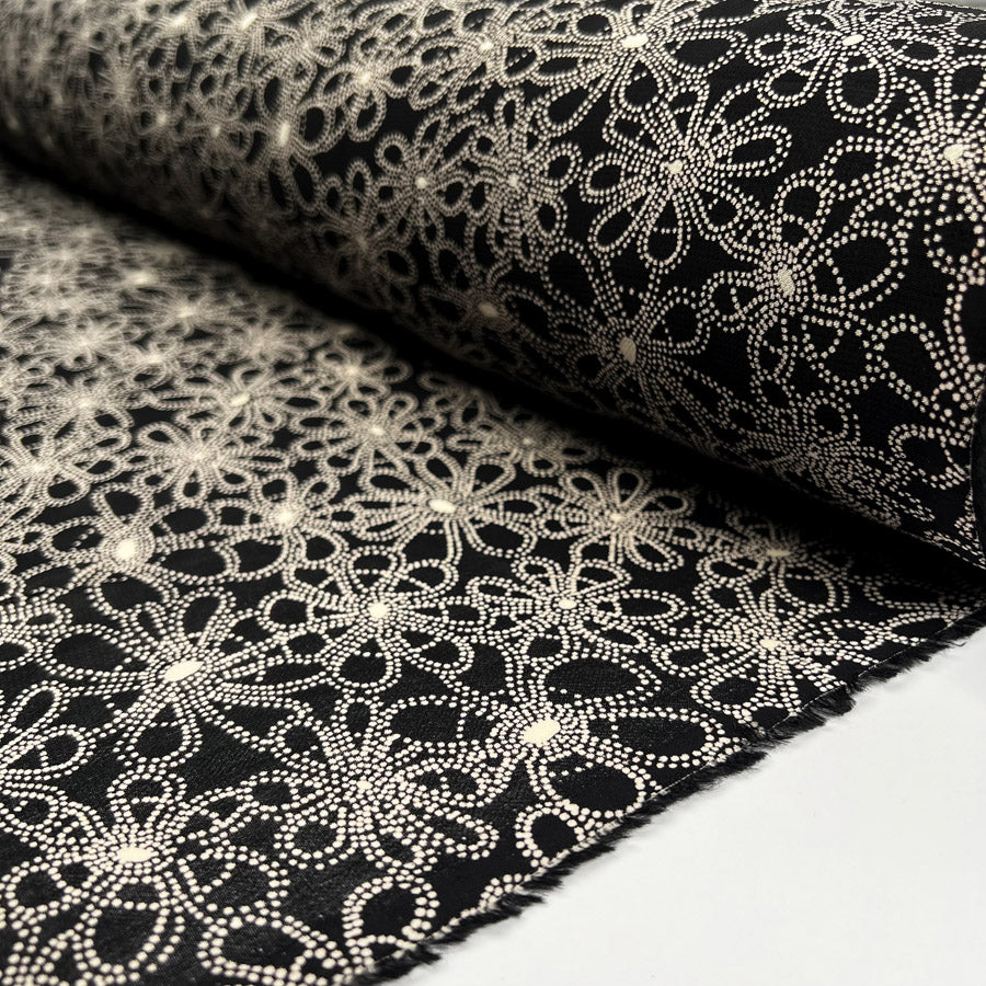 Pointillist Florals Black Ivory Viscose Printed Woven Dress Fabric Roll