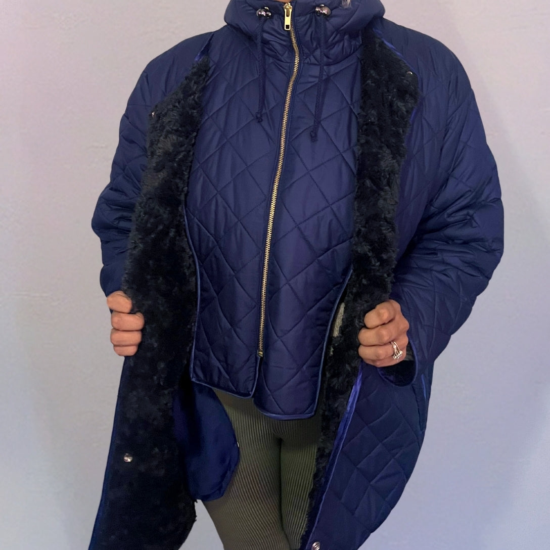 Polyester Fur Lined Quilt Fabric Double Dabble Navy  Make