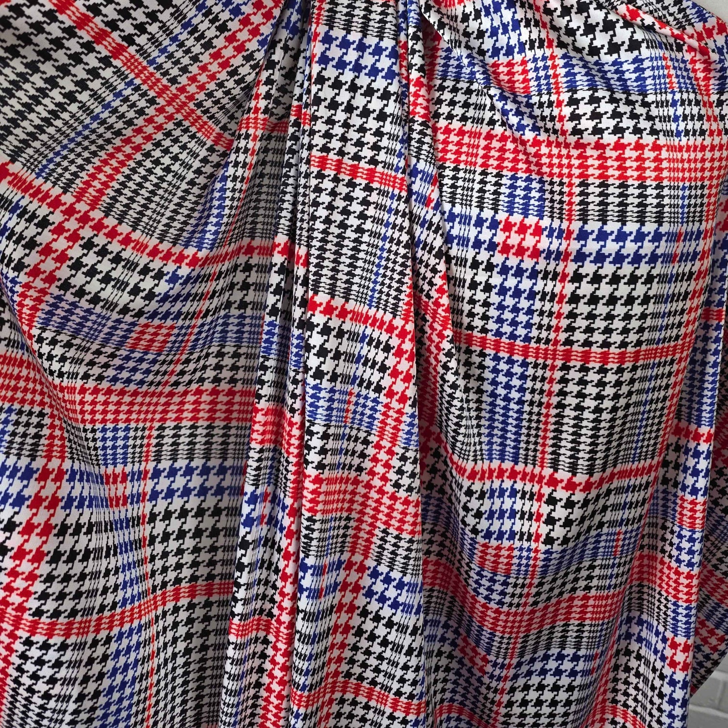 Polyester Satin Dogtooth Check Blue Black Red White Fabric 