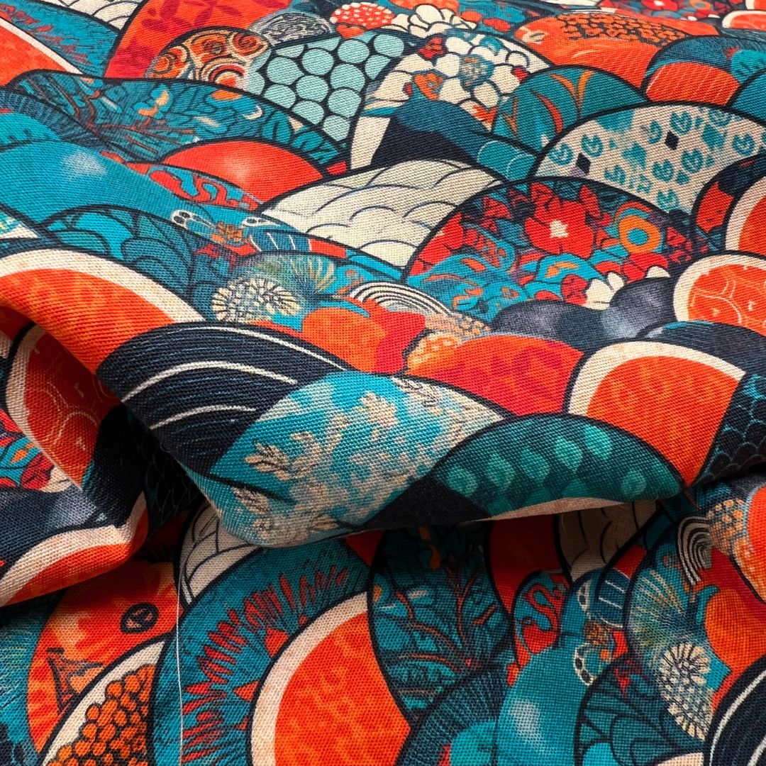 Poplin Print Ocean Scales Blue Orange Cotton Fabric CU
