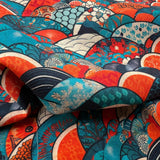 Poplin Print Ocean Scales Blue Orange Cotton Fabric CU