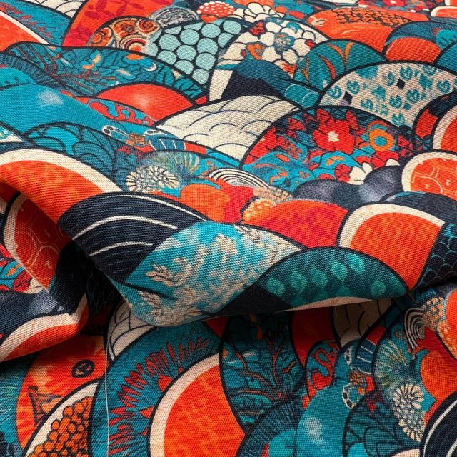 Poplin Print Ocean Scales Blue Orange Cotton Fabric CU