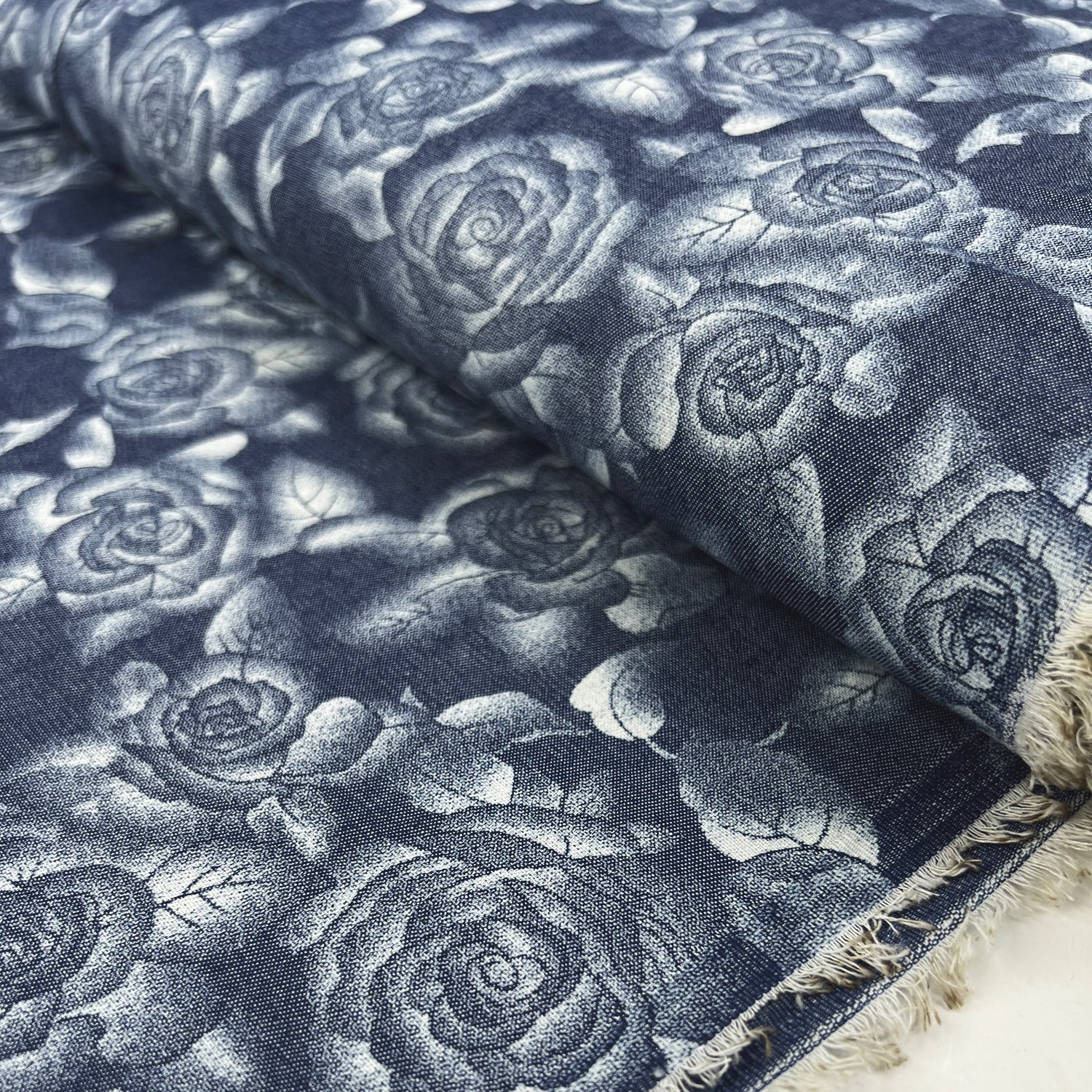 Printed Denim Chambray Floral Dress Fabric Heavenly Rose Bolt