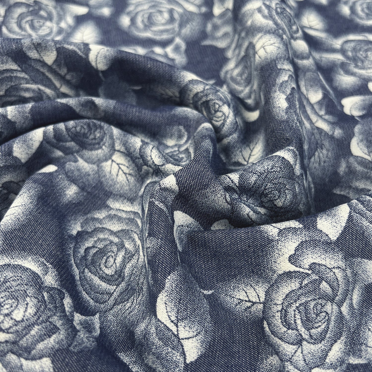 Printed Denim Chambray Floral Dress Fabric Heavenly Rose CU