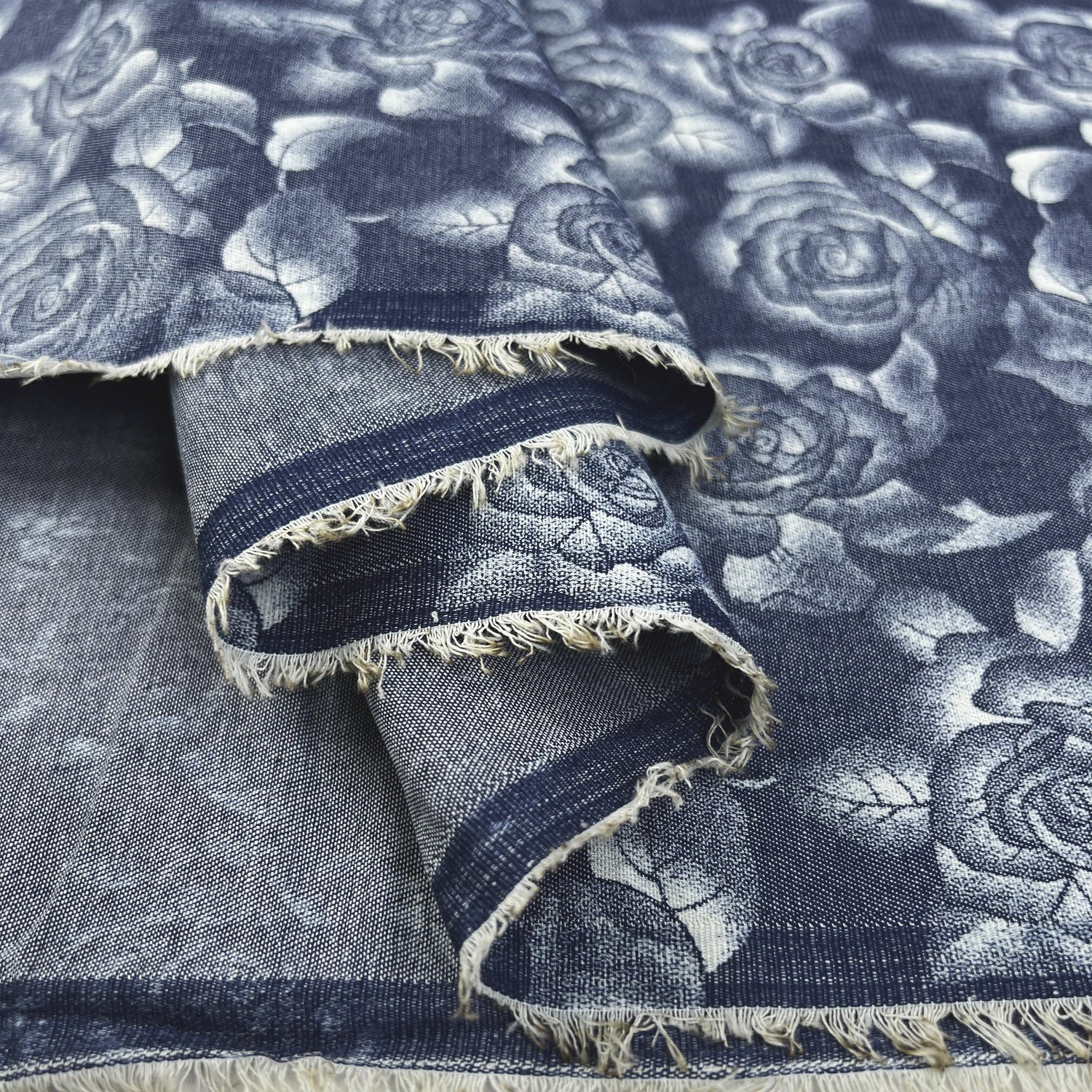 Printed Denim Chambray Floral Dress Fabric Heavenly Rose Fold