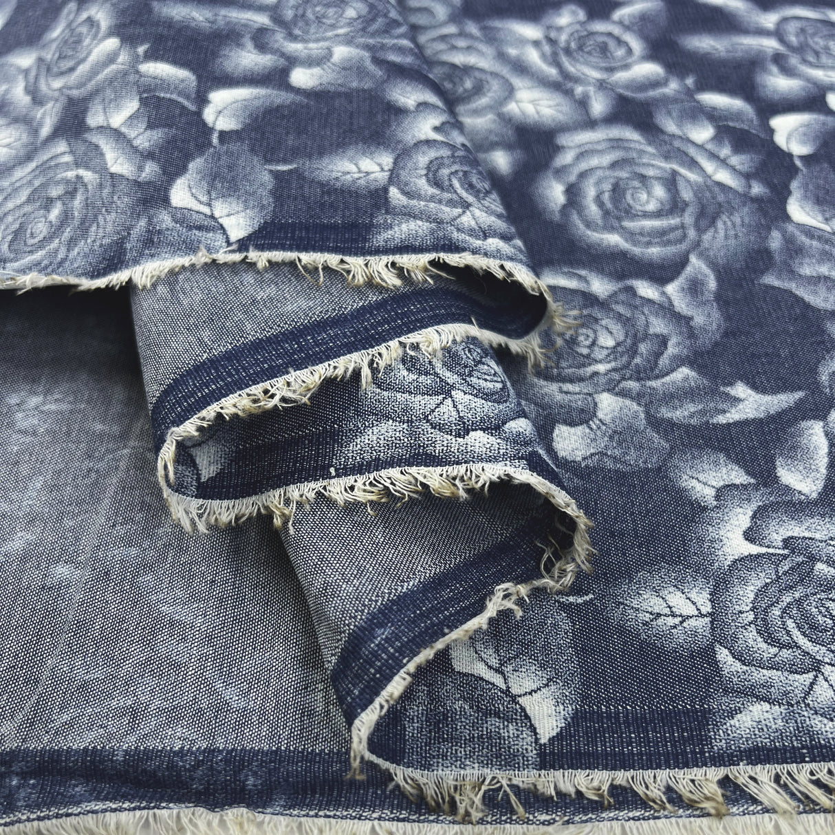 Printed Denim Chambray Floral Dress Fabric Heavenly Rose Fold