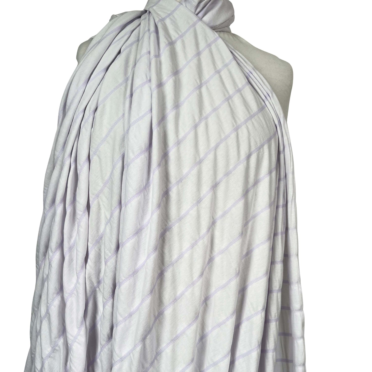 Cotton Polyester Jersey Dress Fabric Pucker Up - Lilac Stripe Mannequin
