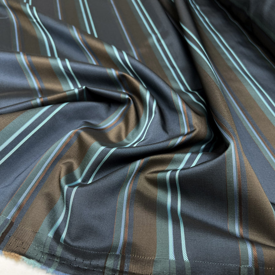 Regent Stripe Polyester Lining Blue Brown Satin Finish Fabric CU