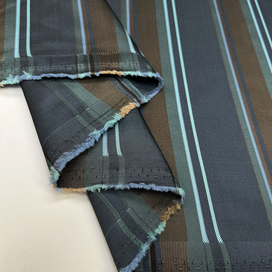 Regent Stripe Polyester Lining Blue Brown Satin Finish Fabric Fold