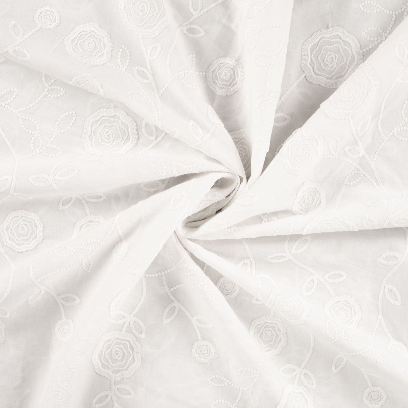 Rosalie White Embroidered Cotton Poplin 160gsm Dress Fabric Swirl