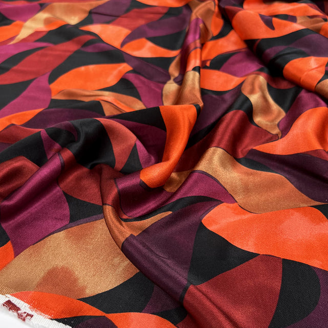 Satin Viscose Leaves Dark Red Orange Black Abstract Woven Dress Fabric CU