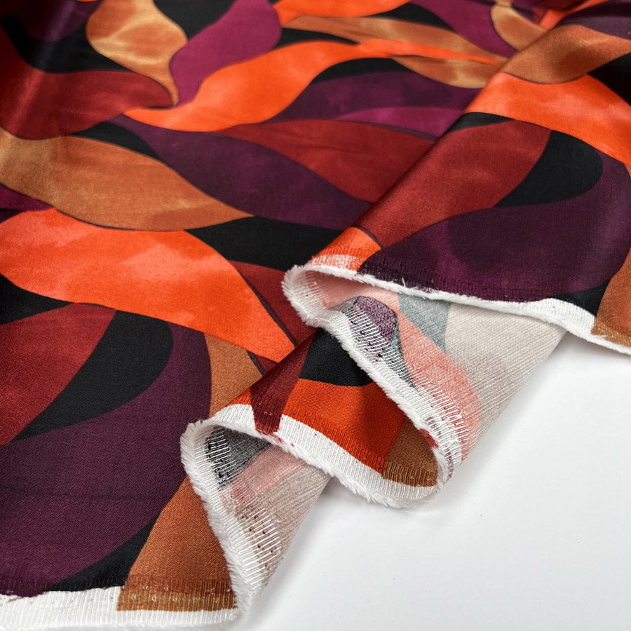 Satin Viscose Leaves Dark Red Orange Black Abstract Woven Dress Fabric Fold