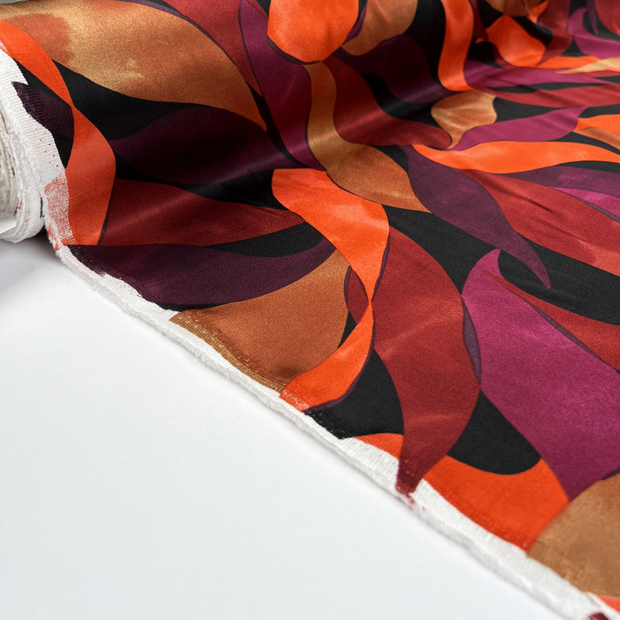 Satin Viscose Leaves Dark Red Orange Black Abstract Woven Dress Fabric Roll