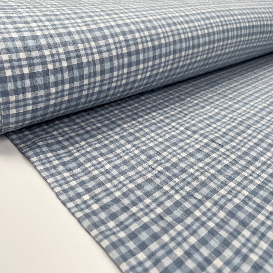 Seersucker Check Glacial Blue Cotton Woven Shirting Fabric Bolt