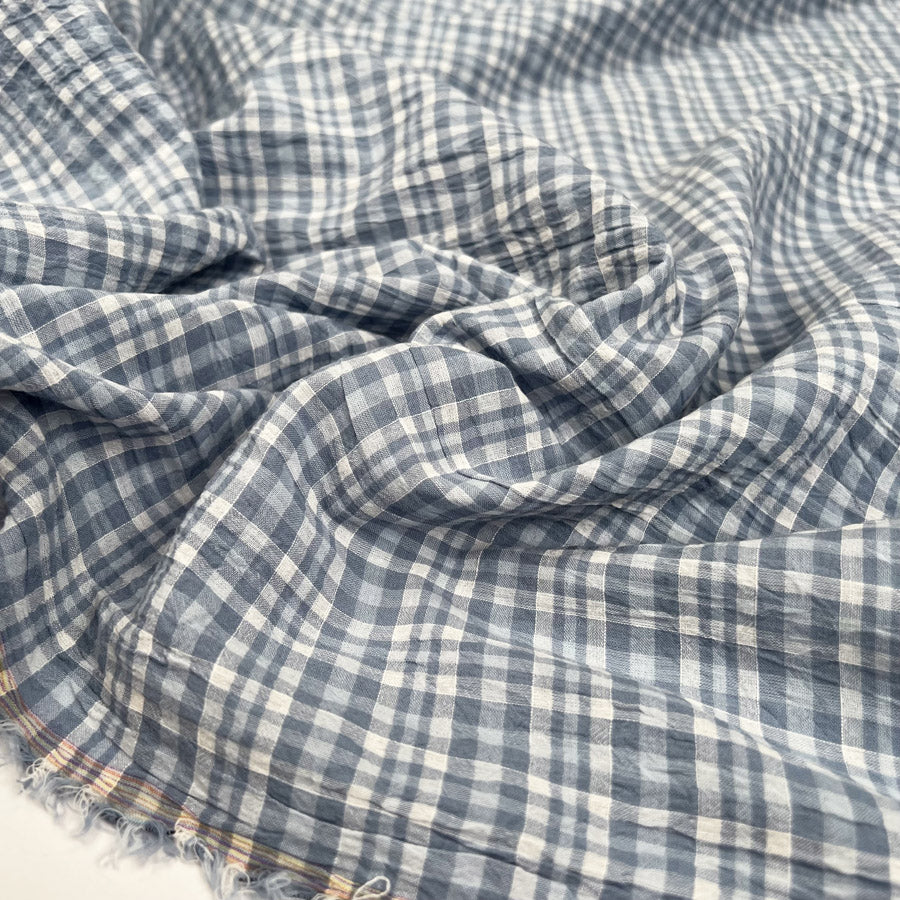 Seersucker Check Glacial Blue Cotton Woven Shirting Fabric CU