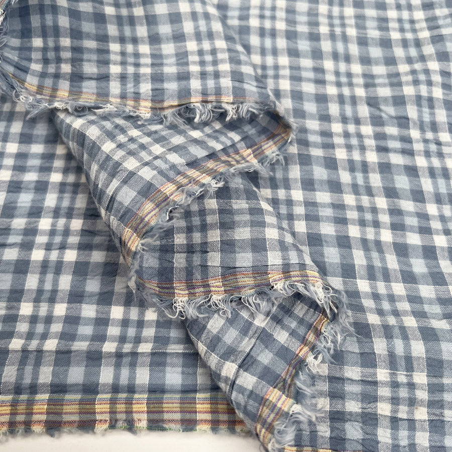 Seersucker Check Glacial Blue Cotton Woven Shirting Fabric Fold