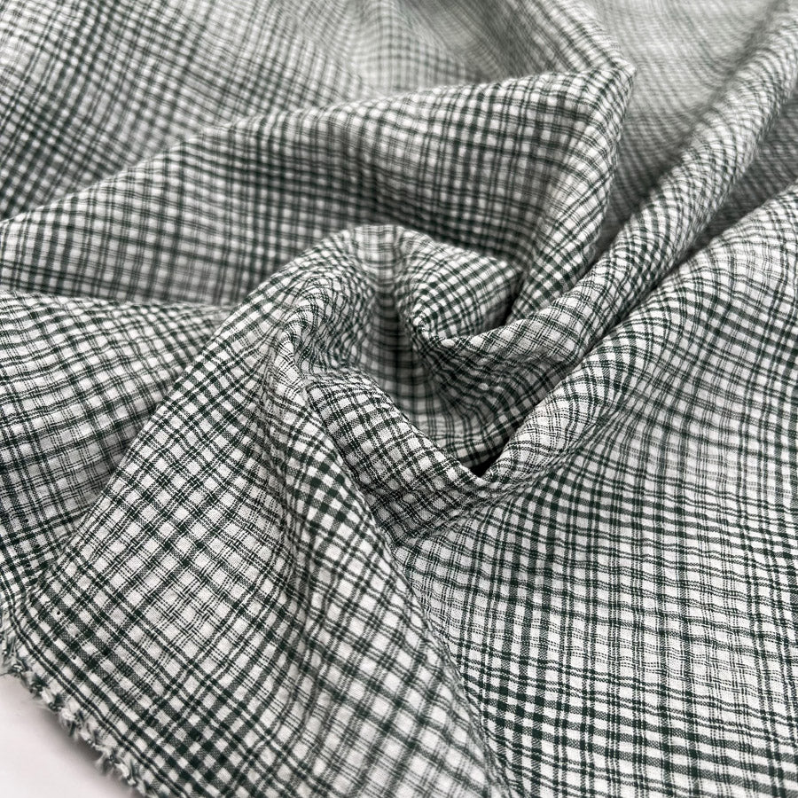 Seersucker Check Sage Cotton Green Woven Shirting Fabric CU