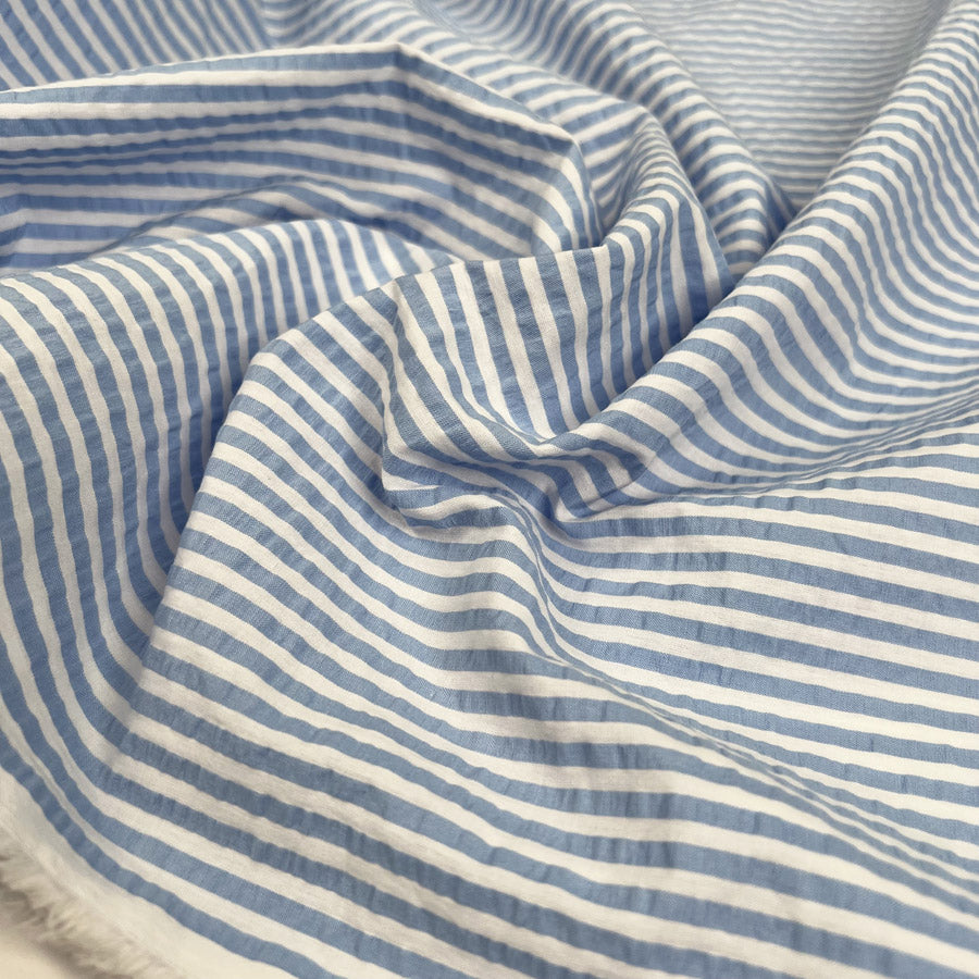 Seersucker Sky Stripe Blue White Cotton Woven Fabric CU