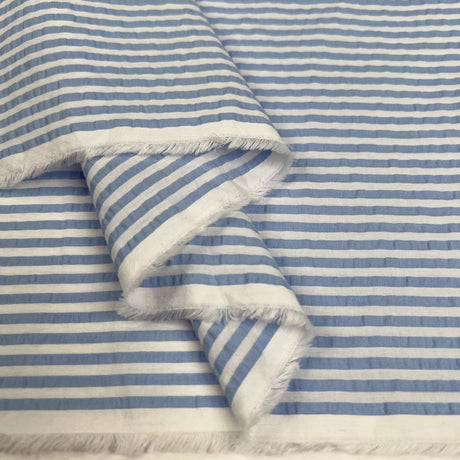 Seersucker Sky Stripe Blue White Cotton Woven Fabric Fold