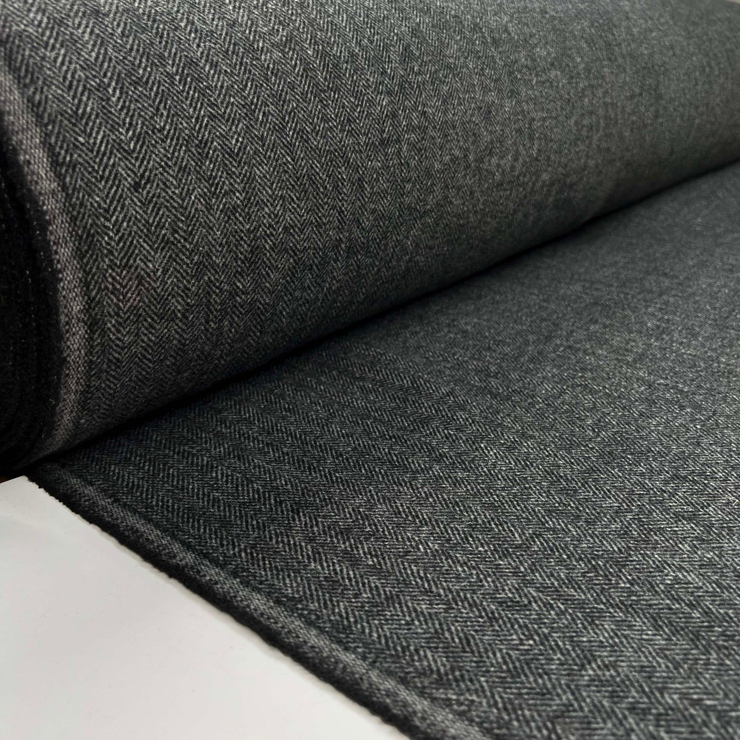 Silent Patient Wool Polyester Mix Black Grey Herringbone Woven Coating Fabric Roll