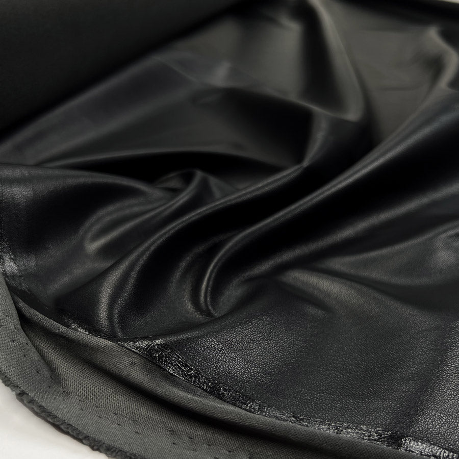 Soft Backed Faux Leather Black Polyurethane Polyester Leatherette Textured Fabric CU